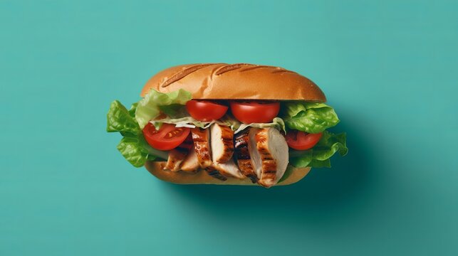 From Above Appetizing Sandwich With Grilled Chicken, Fresh Lettuce And Tomatoes On Colorful Table Background Generative AI