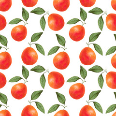 Fruity seamless pattern of whole grapefruit with leaves.Texture for healthy food packaging, printing on fabric, paper.Watercolor and marker illustration.Hand drawn isolated art.