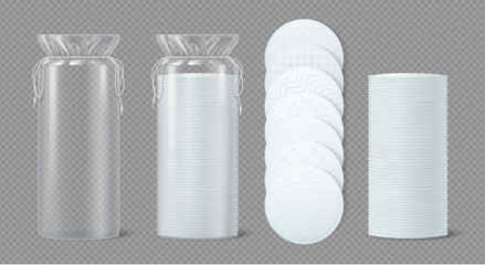 Realistic cosmetic circle cotton pads for gentle and effective makeup or nail polish removal, skincare application. Soft, absorbent, hypoallergenic essentials for daily beauty routine 3d vector mockup