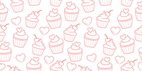 Cute line art cupcake pattern with hearts, isolated on white background, seamless repeating wallpaper