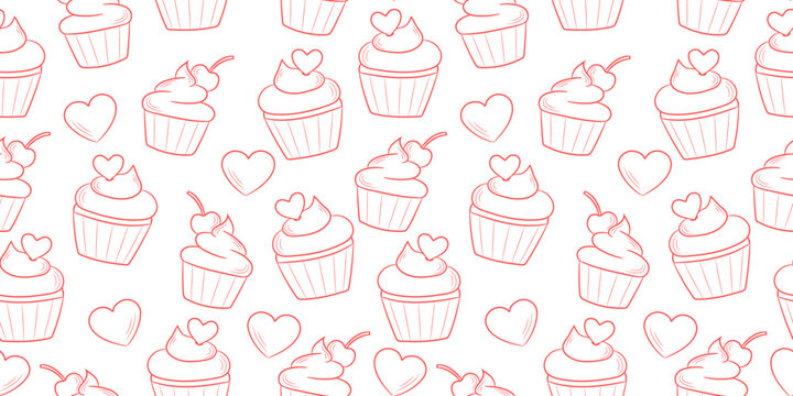 Cute line art cupcake pattern with hearts, isolated on white background, seamless repeating wallpaper