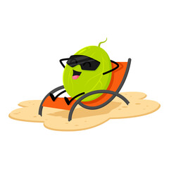 Cartoon gooseberry character relax on summer beach sitting on deck chair. Fresh vector berry in sunglasses tanning and relax on tropical resort, sea shore or poolside. Funny food personage on vacation