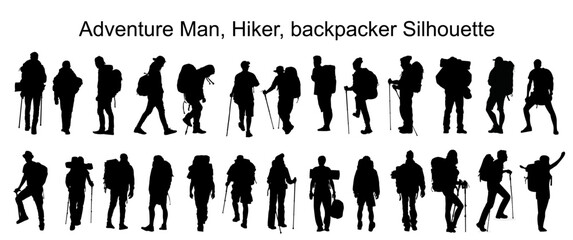 Hiker Silhouettes. hiking man with rucksacks silhouette. People with backpack vector silhouettes. mountaineer climber hiker people. Backpacker. woman hiker. - obrazy, fototapety, plakaty