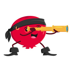 Obraz premium Cartoon cranberry pirate character with spyglass. Vector corsair berry in carnival buccaneer costume black headband and boots looking in glass. Vitamin plant personage isolated freebooter or picaroon