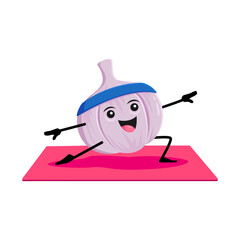 Cartoon garlic vegetable character on yoga or pilates fitness sport. Vector funny veggies seeking harmony of body and mind standing in asana pose on mat. Comic personage at health care yogi practice