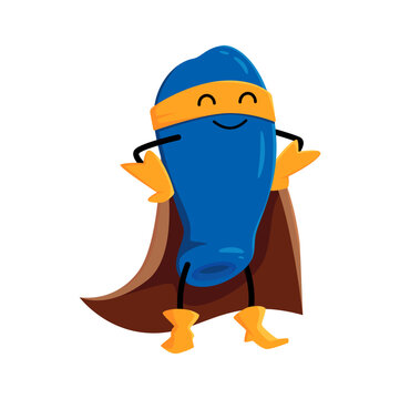 Cartoon honey berry superhero character. Vector funny super hero vigilante in mask and cloak smiling and posing with arms akimbo. Isolated fairy tale plant comics book personage for kids menu or game
