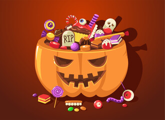 Halloween pumpkin with sweets. Cartoon cute scary basket full of child trick or treat candies for October festival celebration. Vector illustration
