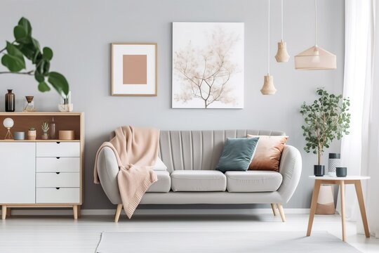 White minimalist living room interior with sofa on a wooden floor, decor on a large wall, white landscape in window. Home Nordic interior | Scandinavian interior poster mock up,Generative AI.