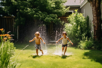 Children running through a sprinkler in their backyard, laughing and playing Generative AI - obrazy, fototapety, plakaty