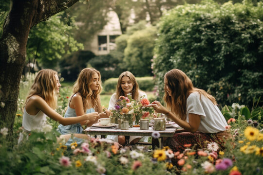 Friends having a picnic in a picturesque park, surrounded by lush greenery and vibrant flowers Generative AI