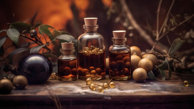 Collection of essential oils. Known for their aromatic properties and various potential health benefits. Concentrated plant extracts used in aromatherapy and natural wellness practices. Generative AI