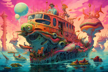 Fototapeta na wymiar abstract boat seapunk art background