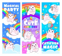Fototapeta premium Caticorn magical party. Cartoon caticorn cat and kitten characters, rainbow and clouds. Vector vertical banners with cute kawaii fantasy animals, heavenly feline unicorn with wand, balloons, ice cream