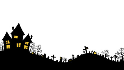 Fototapeta na wymiar Silhouette background for Halloween with scary panorama of haunted castle residing in cemetery. Design with a transparent background.