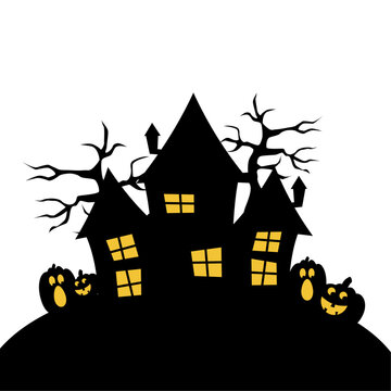 Silhouette background for Halloween with scary panorama of haunted castle residing in cemetery. Design with a transparent background.