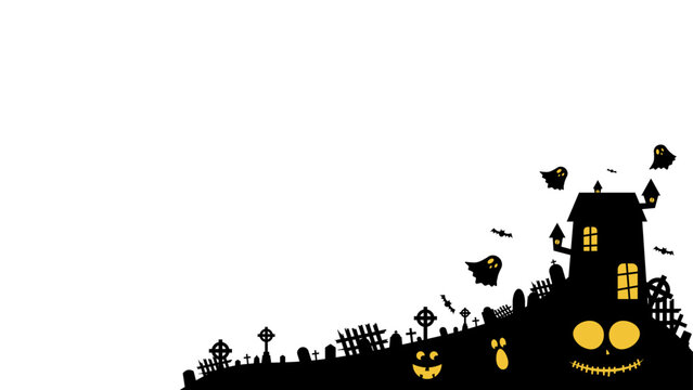 Silhouette background for Halloween with scary panorama of haunted castle residing in cemetery. Design with a transparent background.