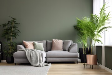 Home interior mock-up with green sofa, table and decor in living room, 3d render | Living room with green armchair on empty dark green wall background | Green wall background, Generative AI