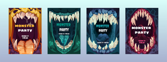 Creepy mouth posters. Cute scary monster lips teeth, colorful comic alien characters emotion for Halloween party invitation cove flyer. Vector set © Tartila