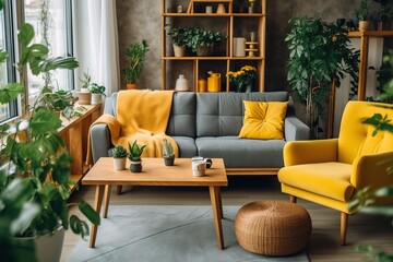 Cosy modern living room interior with yellow sofa and decoration room on a yellow or white wall background | Minimal concept. interior of living yellow, Generative AI