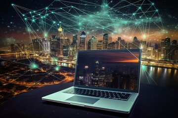 Building Success: A laptop amidst a bustling construction site symbolizes the foundation of progress and innovation in the digital age. Generative Ai
