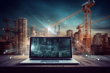 Building Success: A laptop amidst a bustling construction site symbolizes the foundation of progress and innovation in the digital age. Generative Ai