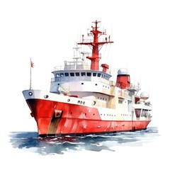 Watercolor a ship with red and white color isolated on white background.