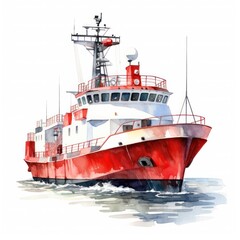 Fototapeta premium Watercolor a ship with red and white color isolated on white background.