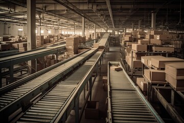 Fototapeta na wymiar Efficient Logistics: A mesmerizing view of conveyor belts in motion, swiftly sorting parcels with precision and efficiency. Generative Ai