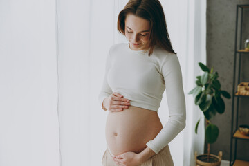 Young calm pregnant woman wears casual clothes stand near window hold touch put hands on belly stay at home hotel flat rest relax spend free spare time in living room indoor. Maternity family concept.