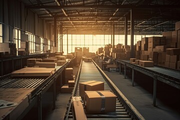 Fototapeta premium Efficient Logistics: A mesmerizing view of conveyor belts in motion, swiftly sorting parcels with precision and efficiency. Generative Ai