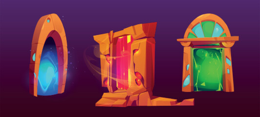 Set of ancient stone portals with magic light isolated on background. Vector cartoon illustration of arch doors glowing with neon colors, leading to fantastic adventure world. Game ui design elements