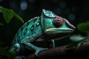  A solitary chameleon gracefully perches on a forest branch, blending seamlessly with its surroundings, showcasing nature's remarkable adaptations.. Generative Ai
