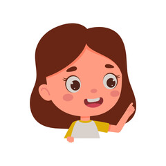 Cute little kid girl with great idea. Template for children design. Cartoon schoolgirl character show facial expression. Vector illustration