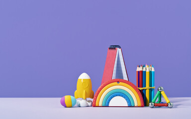 Colored stationery. rocket pencils on lilac purple background with rocket. Brain teaser and...