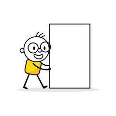 Comic man pushing a blank banner on white background. Hand drawn doodle boy. Vector stock illustration