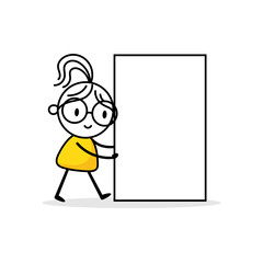 Comic woman pushing a blank banner on white background. Hand drawn doodle girl. Vector stock illustration