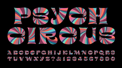 A multicolored bold alphabet with the look of psychedelic pinwheels in circus colors