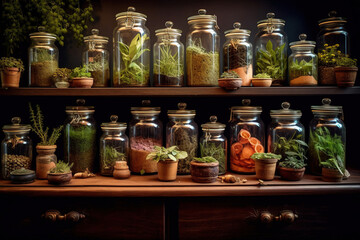 Old jars filled with medicinal herbs and plants evoke the rich history of alternative medicine, homeopathy, chemistry, pharmacy, apothecary, and alchemy, offering a captivating glimpse into the past - obrazy, fototapety, plakaty