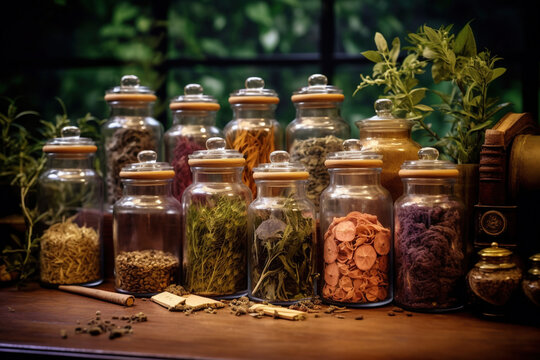 Old jars with medicinal herbs, plants. Alternative medicine, homeopathy, chemistry, pharmacy, apothecary, alchemy history background
