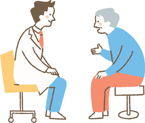 医師に病状を説明する高齢男性_色