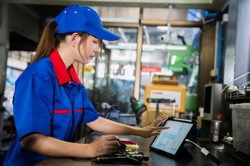A female diesel engine mechanic in a blue uniform is working at the garage. Inspect and maintain the fuel pressure booster pump system and common rail injectors.