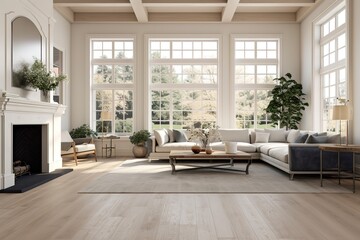 Plakat Beautiful living room interior with hardwood floors, view of kitchen and dining room in new luxury home,Generative AI