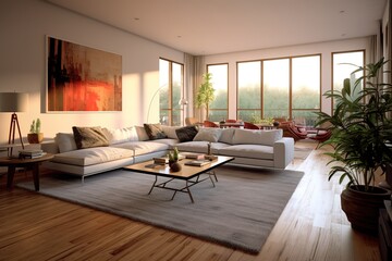 Beautiful living room interior with hardwood floors, view of kitchen and dining room in new luxury home,Generative AI