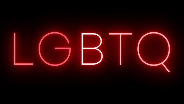 Blinking neon lettering against a black background with a pride theme