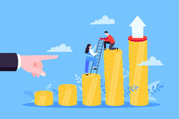 Business mentor helps improve career and money stacks growing. He holds stairs steps vector illustration. Mentorship, upskills, climb help self development strategy flat style design business concept.