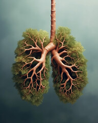 reative metaphoric image of human lungs in the shape of green forest trees with lush vegetation foliage. Environment climate change smoking health concept - obrazy, fototapety, plakaty
