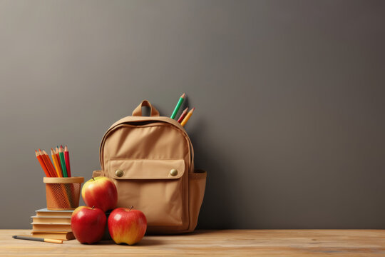 Back to school concept. Beige backpack with apples and pencils on the table.  Generated by AI.