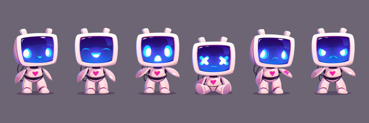 Cartoon set of robots with different emotions. Vector illustration of happy, sad, angry, surprised chatbot sitting and standing. Funny ai character for education. Communication technology mascot