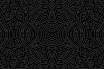 Embossed unique black background, ethnic cover design. Geometric 3D pattern, press paper, leather. Boho, handmade. Tribal color, heritage of the peoples of the East, Asia, India, Mexico, Aztec, Peru.