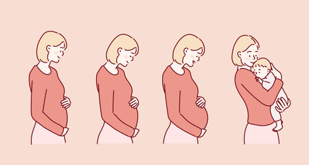 Pregnancy stages. Pregnant and newborn, woman belly figure during pregnancy. Hand drawn style vector design illustrations. - obrazy, fototapety, plakaty